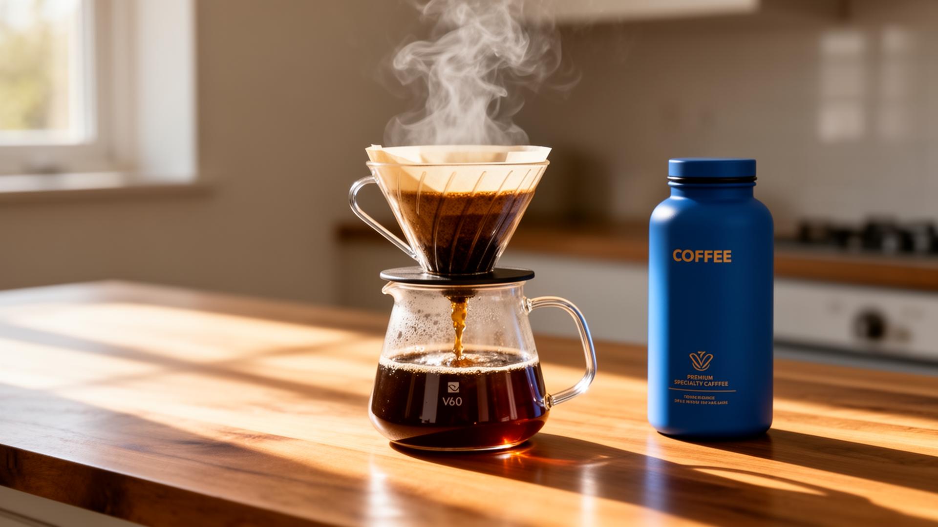 Café preparándose en V60 con luz natural